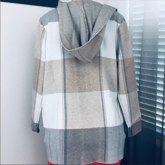 Joseph A Neutral Plaid Hoodie Long Sleeves Open Front Cardigan Size Small - Picture 7 of 10